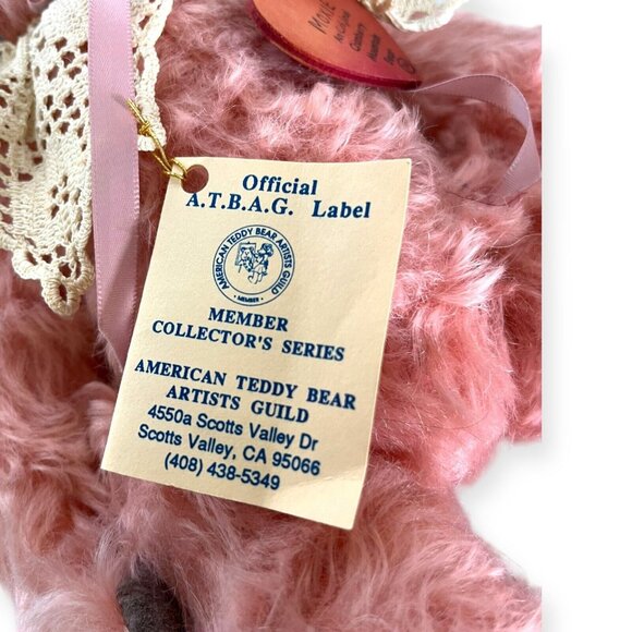 Vtg NWT 1989 Muriel Townsend Signed Pink Mohair Fur Teddy Bear "Moxie" 15" - Picture 9 of 11